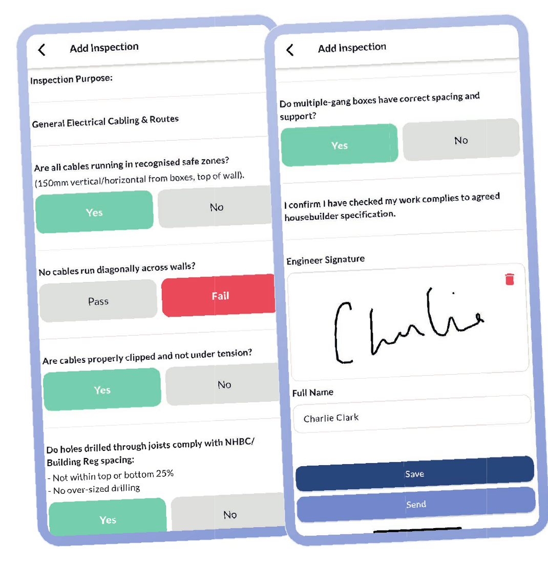 SMP brochure inspection example showing check questions, pass or fail responses and digital sign-off